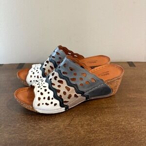 Spring Step Leather Wedge Slide Sandals Colorblock Laser Cut Scalloped Size 41